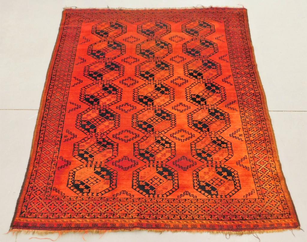 Antique Ersari Red and Navy Geometric Carpet: Turkey 20th Century Geometric repeating navy patterns over ruby red field surrounded by navy geometric boarders. 10' 6" x 8' 5",,Wool ,From the collection of a Providence, Rhode Island gentleman.