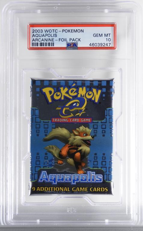 2003 Pokemon Aquapolis Arcanine Foil Pack PSA 10: United States.2003 2003 Wizards of The Coast Pokemon Aquapolis Arcanine trading card foil pack, PSA 10 GEM MT.