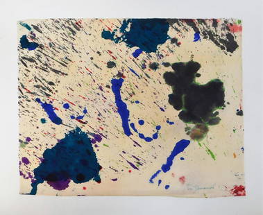 Taro Yamamoto Abstract Expressionist WC Painting: Taro Yamamoto,California, Connecticut, New York,1919-1994 Untitled expressionist composition of red, blue, aqua, green, and black splattered across paper. Watercolor on paper,19 3/8" x 24 1/4",
