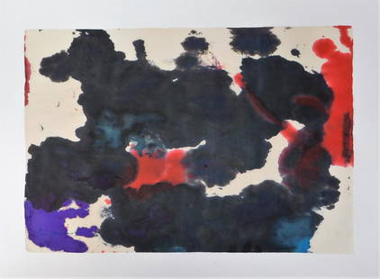 Taro Yamamoto Abstract Expressionist WC Painting: Taro Yamamoto,California, Connecticut, New York,1919-1994 Untitled expressionist composition of red, purple, blue, and black soak stains mottled together with artist's finger prints visible in the