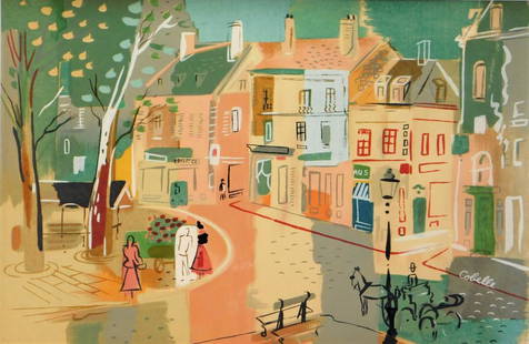 Charles Cobelle Paris Street Scene Painting: Charles Cobelle,Connecticut, France,1902-1998 Naive style cityscape depicting people strolling through Paris. Cobelle studied with Marc Chagall and apprenticed with Raoul Dufy. Gouache on paper,Sight