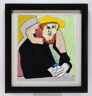 Richard DeQuattro Cubist Portrait Painting: Richard DeQuattro,Massachusetts,b.1946 Depicts a green eyed man in a yellow beret with hands clasped staring sternly forward. Acrylic, crayon on paper,Sight 16 1/2" x 14 1/4",Frame 20 1/2" x 22 1/8"
