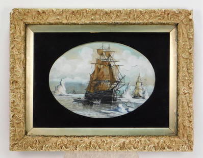 William Bradford Arctic Maritime Gouache Painting: William Bradford,Massachusetts, California,1823-1892 Depicts three large sailing vessels between icebergs and frozen waters with three smaller boats approaching the central ship. Gouache on