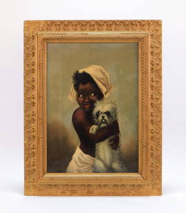 19C Black Americana Folk Girl and Dog Painting: ,United States,19th Century Depicts a young girl in a bonnet grinning while holding a small white dog close to her chest. Oil on canvas,Canvas 14 1/8" x 10",Frame 18 1/2" x 14 1/2" Signed and dated