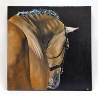 Tony O'Connor Equine Show Time Painting: Tony O'Connor,Ireland,Contemporary Realistic depiction of a show horse against stark black background. O'Connor uses simple backgrounds to highlight the beauty of equine anatomy, influenced by