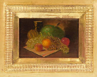 George W. Whitaker Fruit Still Life Painting: George W. Whitaker,Rhode Island, New York, Massachusetts,1841-1916 Depicts a naturalistic assortment of grapes, oranges, apples, and watermelon pierced with a knife laid out on a pink, blue, and