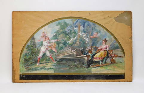 Victor Nehlig Allegorical Garden WC Painting: Victor Nehlig,France, New York,1830-1909 Depicts a woman seated in a garden with a putto above her head while a man blindfolded by putti approaches her surrounded by flying doves. Watercolor on