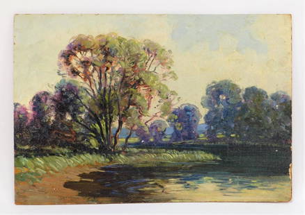 George Whitaker Impressionist Landscape Painting: George William Whitaker,Rhode Island, New York, Massachusetts,1841-1916 Depicts a calm lake shore lined with trees on a bright summer day. Oil on board,13 1/8" x 19", Signed "G. W. Whitaker" lower