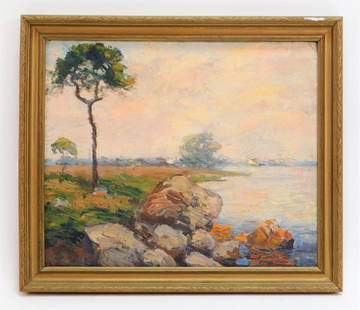 George Grinnell Rocky Shore Landscape Painting: George Victor Grinnell,Connecticut,1878-1946 Impressionist depiction of a rocky lack shore beside tall, thin trees. Oil on board,Board 10" x 12",Frame 11 3/4" x 13 3/4" Titled and signed "A Rocky