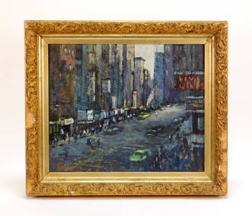 Loretta Feeney New York Street Scene Painting: Loretta Feeney,Massachusetts,b. 1961 Modern depiction of 42nd Street lined with skyscrapers, cars, and busy passersby. Feeney studied under Sam Barber and briefly with Henry Hensche, as well as at