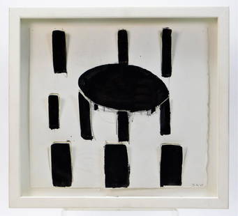 Jene Highstein Abstract Watercolor Painting: Jene Highstein,New York, Nova Scotia,1942-2013 Titled "Object in a Forest of Columns," depicts a dark inky oval shape surrounded by black cut paper columns. Highstein received four National Endowment