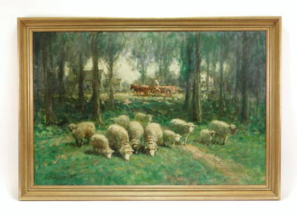 Manor of G. A. Hays Impressionist Sheep Painting: ,United States,1937 Depicts a flock of sheep grazing in the foreground surrounded by trees and cattle in the distance. Oil on canvas,Canvas 24" x 36",Frame 27 1/2" x 39 1/2" Signed and dated "E. A.