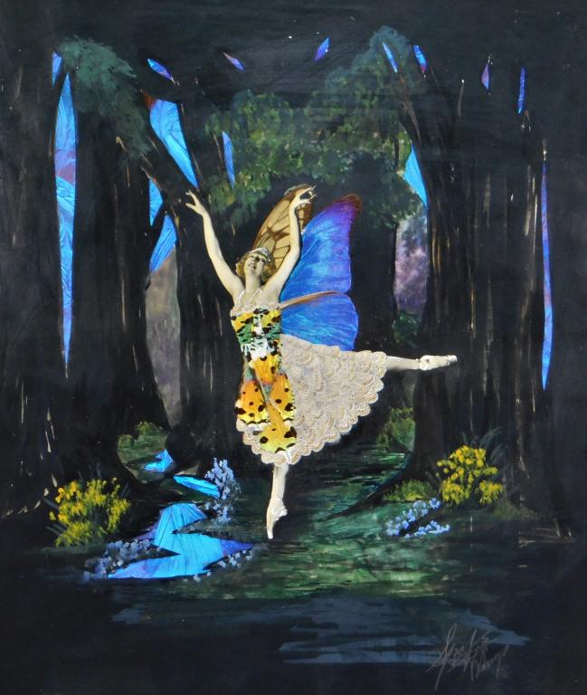 Spaj Atkinson Butterfly Wing Ballerina Collage: Spaj Atkinson,England,Early 20th Century Surreal depiction of a ballerina dancing in a forest decorated with magnificent iridescent blue and orange butterfly wings. Watercolor, butterfly wings, paper,