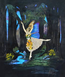 Spaj Atkinson Butterfly Wing Ballerina Collage: Spaj Atkinson,England,Early 20th Century Surreal depiction of a ballerina dancing in a forest decorated with magnificent iridescent blue and orange butterfly wings. Watercolor, butterfly wings,