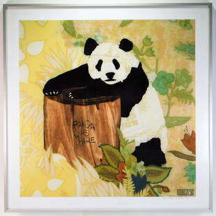 Ari Hauben Panda Was Here Lithograph: Ari Hauben,Massachusetts,Contemporary Depicts a panda hugging a stump that reads "Panda was Here" with floral patterns throughout. Hauben's work can be found throughout the city of Boston and was