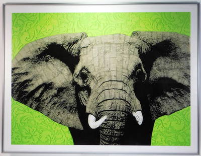 Ari Hauben Stop Staring at My Tusks Lithograph: Ari Hauben,Massachusetts,Contemporary Depicts a large elephant with newspaper skin surrounded by bright green brocade patterned background. Hauben's work can be found throughout the city of Boston