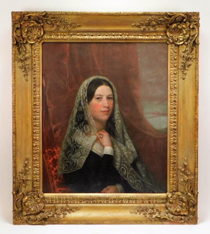 Attrib. Francis Alexander Naive Portrait Painting: Attrib. Francis Alexander,Connecticut, Italy,1800-1880 Titled "Portrait of Mrs. Samuel B. Swett", depicts a seated woman with rosy cheeks and browns eyes with a lacy veil covering her hair. Alexander