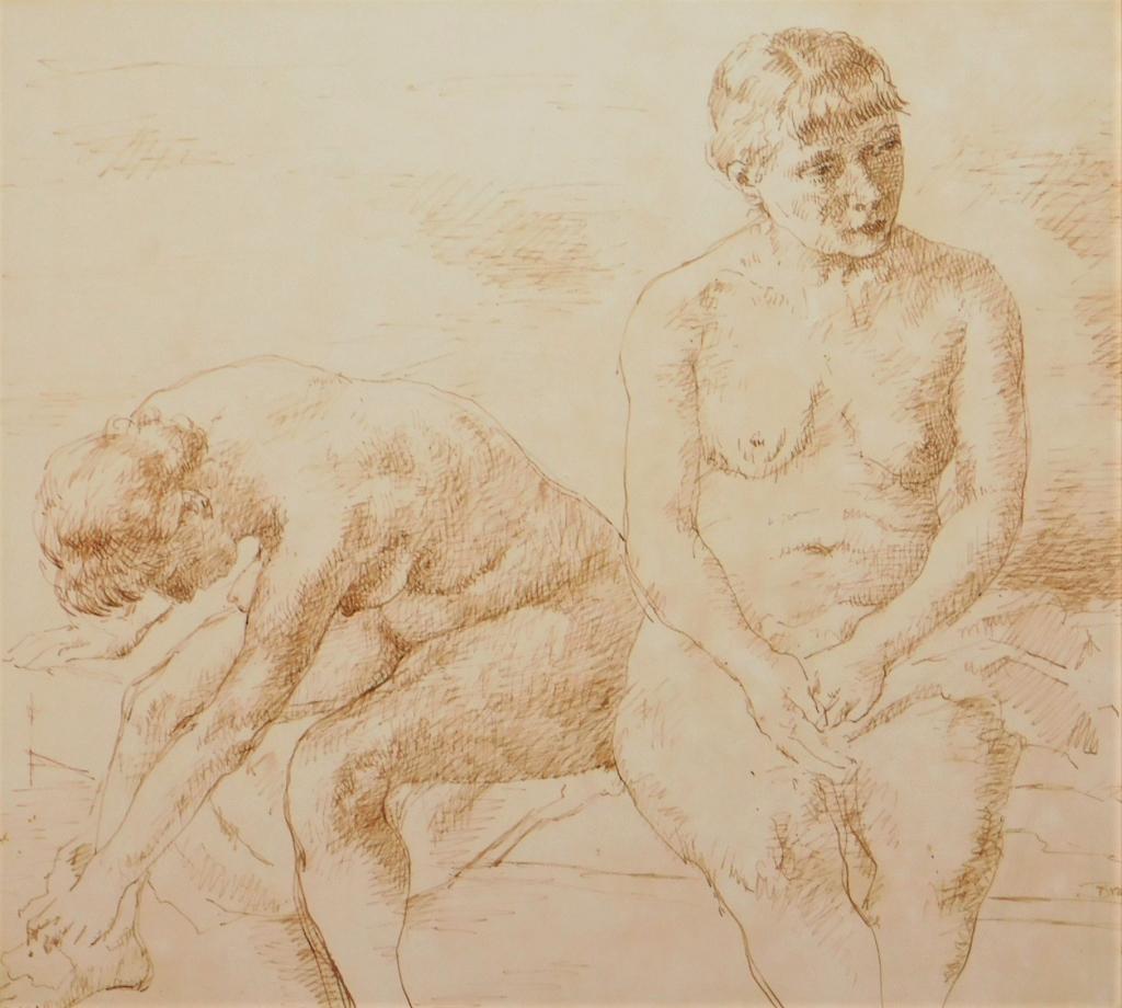 Robert Brackman Nude Figure Study Ink Drawing: Robert Brackman,New York, Connecticut,1898-1980 Depicts two seated nude women, one glancing off to the side, the other wiping her feet with a cloth. Brackman taught at the Art Students League in New Y