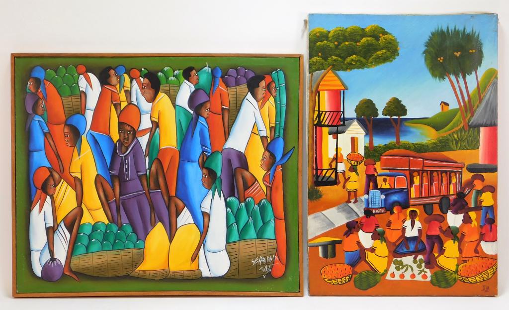 2 Haitian Market Scene Folk Art Paintings: ,Haiti,20th Century Includes a depiction of a crowded market with people pressed together over deep green and a market scene with people browsing produce with a trolley in the background. Oil on canva