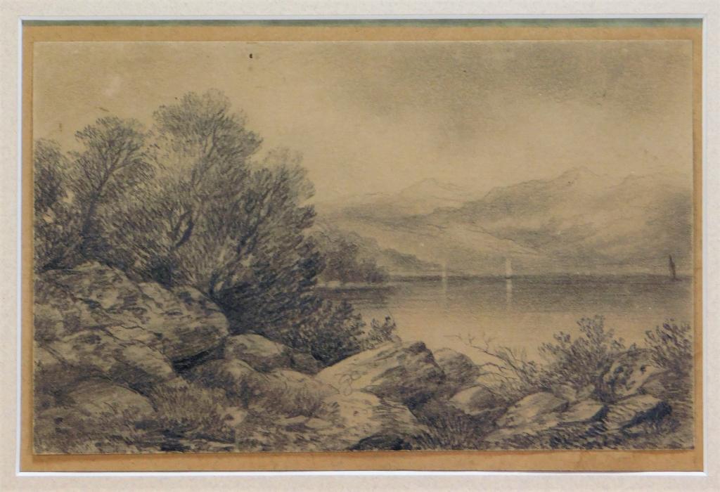 David Johnson American Lake Scene Pencil Drawing: David Johnson,New York,1827-1908 Depicts rocky tree covered terrain overlooking a large lake lined by mountains. Johnson was associated with the second generation of Hudson River School painters, draw