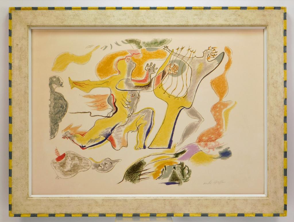 Andre Masson Orphee Surreal Abstract Aquatint: Andre Masson,Connecticut, France, Spain,1896-1987 Titled "Orphee", depicts a nude figure playing a harp in a polychromatic surreal landscape. Masson was admitted Academie Royale des Beaux-arts and l'E
