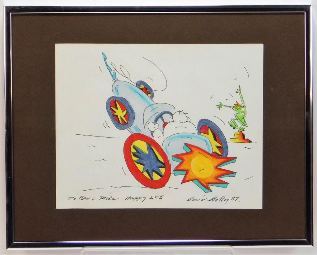 David Stoltz New York City Illustration Drawing: David Stoltz,New York, Vermont,b.1943 Depicts a man in a race car driving past an alarmed Statue of Liberty. Ink on paper,Image area 7 5/8" x 9 5/8",Frame 11 3/8" x 14 3/8" Signed and dated "David Sto