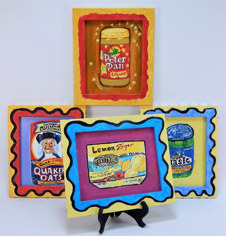 4 Ilene Charles Pop Art Food Still Life Paintings: Ilene Charles,Massachusetts,1952-2017 Includes brightly colored Celestial Lemon Zinger tea, Vlassic Bread and Butter Spears, Quaker Oats, and Peter Pan Peanut Butter in vibrant paint decorated frames.