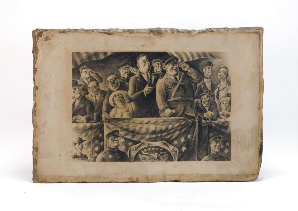 Russel Limbach The Reviewing Stand Litho Stone: Russell Theodore Limbach,Ohio, Connecticut,1904-1971 Large lithography stone etched with "The Reviewing Stand" and stained by ink. Stone,Image area 10" x 14 1/2",Overall 14 1/4" t x 21" w x 2" d From 