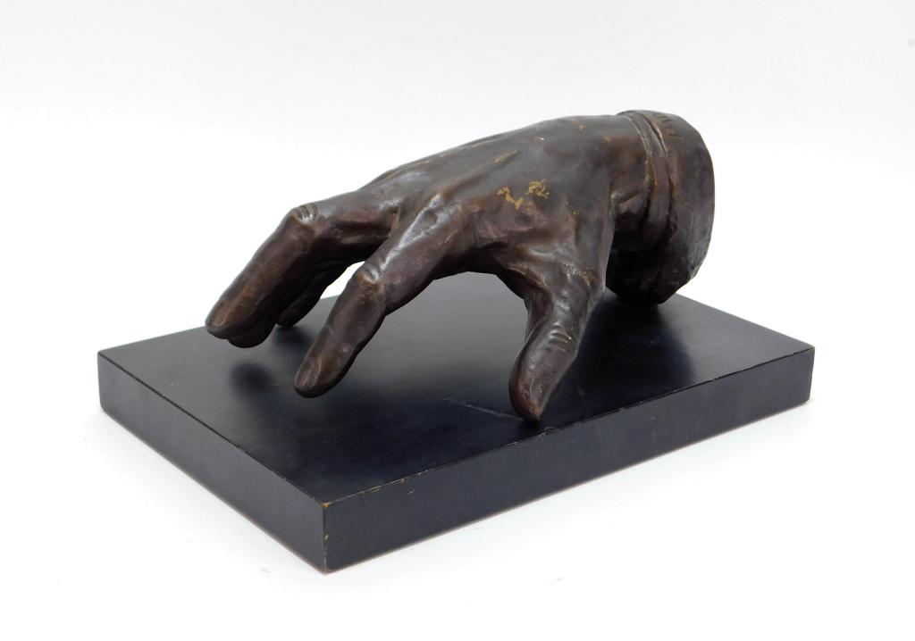 Malvina Hoffman Modern Plaster Hand Statue: Malvina Hoffman,United States, Europe,1887-1966 Realistic sinewy hand sculpture with prominent veins and tendons in a claw position finished to appear bronze. Plaster, wood,Hand 3 3/4" t x 9" w x 6 1/