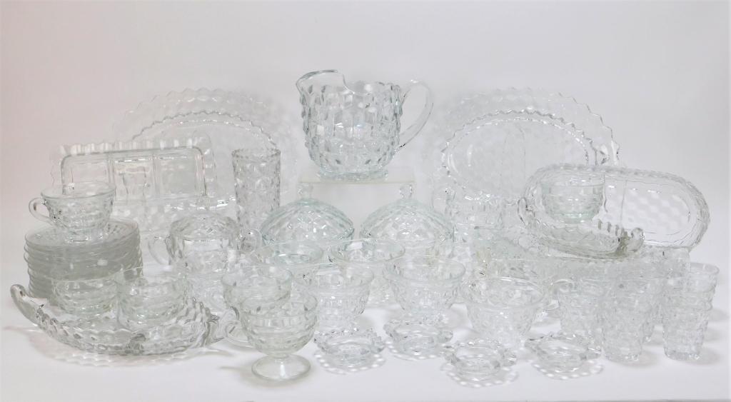 50PC Fostoria American Assorted Serve & Glassware: ,United States,20th Century Includes four salt cellars, two serving boats, three covered jars, twelve handled cups, five of which are Whitehall, eight cordials, two oblong serving plates, one segmente