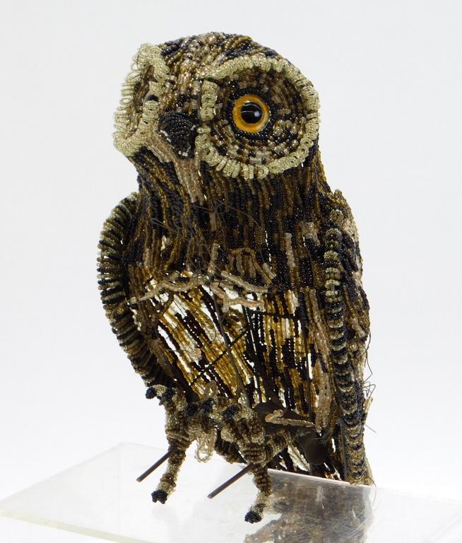Italian Glass Beaded Figural Owl Lampshade: ,Italy,Early 20th Century Figural owl comprised brown, black, and clear glass beads with yellow glass eyes. Glass beads, metal,11 5/8" t x 4 3/8" w x 3 1/8" d, Marked "Made in Italy" on metal tag bene