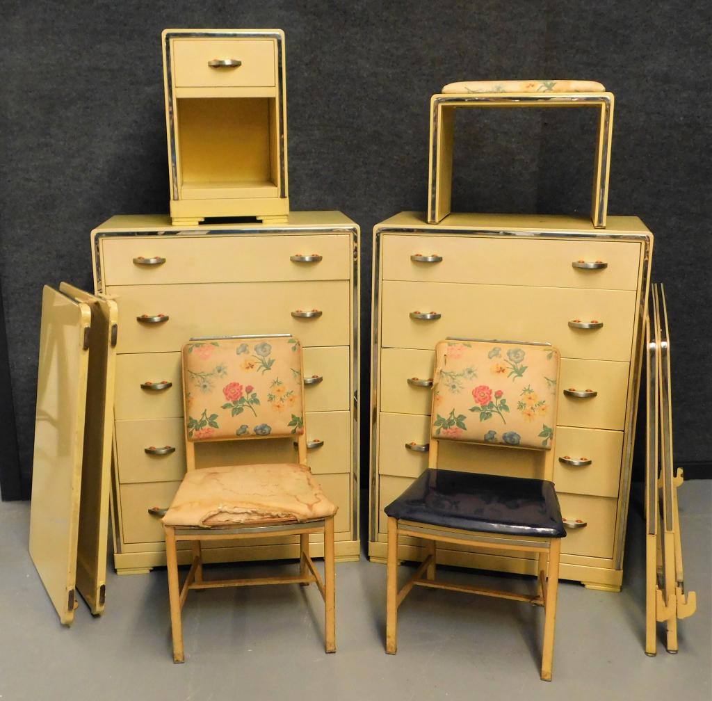 8PC Norman Bel Geddes for Simmons Bedroom Set: Norman Bel Geddes,New York,1893-1958 Industrial bedroom set includes two chairs with floral upholstery, one stool with matching chair upholstery, two twin size beds, two rectangular dressers with five
