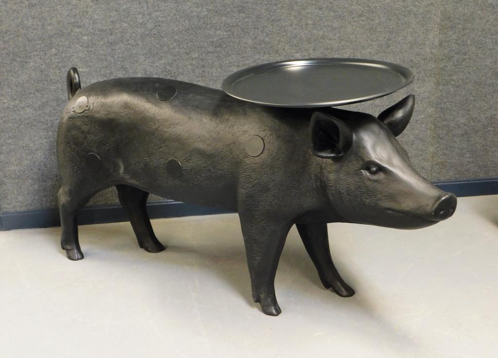 Moooi by Front Pig Contemporary Art Side Table: ,Sweden,Contemporary Black life size pig with tray over head designed by Swedish Design team Front comprised of Sofia Lagerkvist and Anna Lindgren. Plastic,30" t x 23 1/2" w x 65 3/4" d, Marked "Moooi