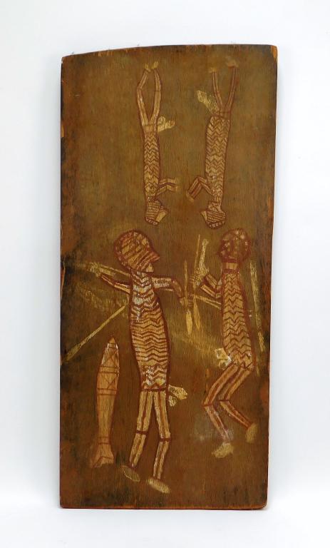 African Carved Wood Hunting Scene Panel: ,Africa,20th Century Figural depiction of nude men with spears carved in to a wood panel. Wood,28 1/8" x 13 1/4", From the collection of a Bristol, Rhode Island gentleman.