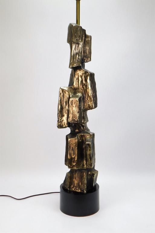 Tempestini for Laurel Lamp Co. Brutalist Lamp: Maurizio Tempestini,Italy,1908-1960 Large angular column supported by a black cylindrical base and comes with a stylish cylindrical shade. Bronze, metal,Lamp 49 7/8" x 7 1/2" dia.,Shade 20 1/8" x 20 7