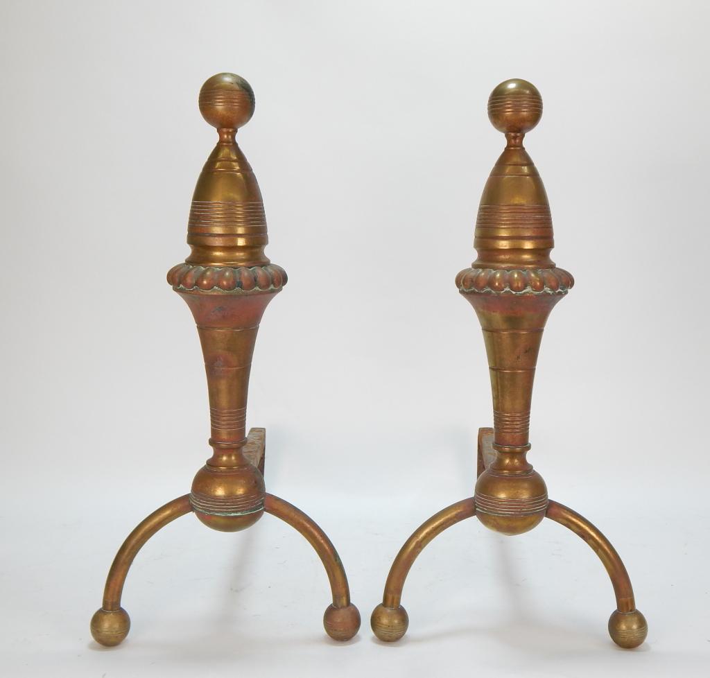 PR Modernist Dresser Style Polished Brass Andirons: ,England,19th Century Urn shape with spherical finial andirons with ball feet. Brass,19" t x 9 1/4" w x 17 1/2" d, From the collection of a Medfield, Massachusetts gentleman.
