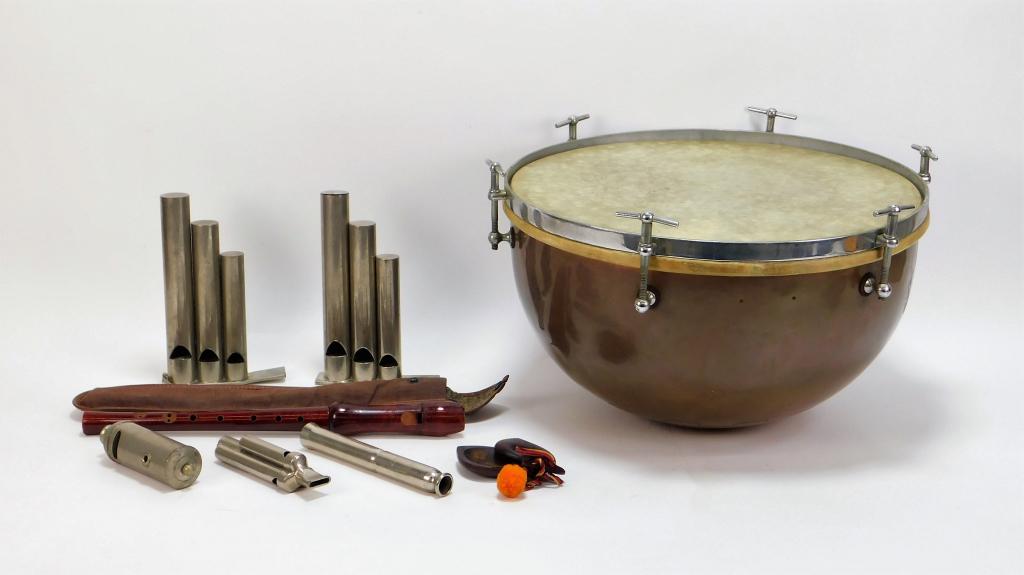 8PC Copper Drum & Whistle Instrument Group: ,Germany, England,20th Century Includes a copper bodied drum, two Ludwig train whistles, a Ludwig whistle, a German tri tone whistle, an English train whistle, a wood recorder, and a set of castanets.