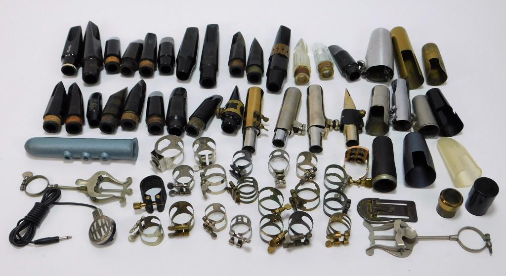 27PC Assorted Saxophone & Clarinet Mouth Pieces: ,France, Germany, United States,20th Century Includes a Geo M. Bundy 3, a Bamber Jazz Model 5, The Vega Germany Boston MA mouthpiece, an unumbered Selmer, a Selmer B model, a Selmer S80 C soprano and 