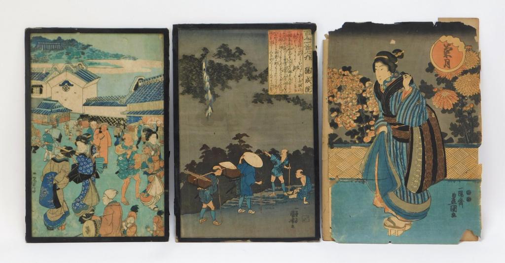 3 Kuniyoshi Utagawa Genre Scene Woodblock Prints: Kuniyoshi Utagawa,Japan,1797-1861 Includes a woodblock of a geisha in striped kimono surrounded by large pink flowers, a scene of four traveling men, and a festival scene full of musicians and people.