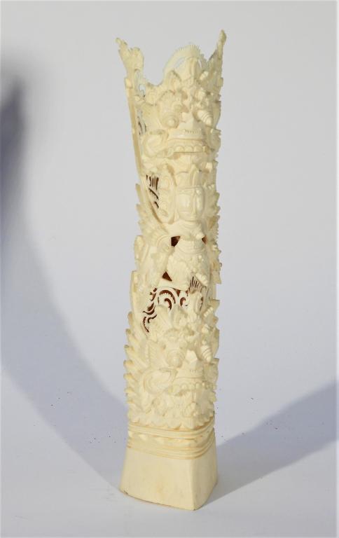 SE Asian Balinese Hindu Garuda God Bone Carving: ,Bali,20th Century Openwork carved cow bone depicting Garuda and Vishnu in intricate well detailed surrounding. Bovine bone,8 1/2" tall, From the estate of a Scituate, Rhode Island gentleman.