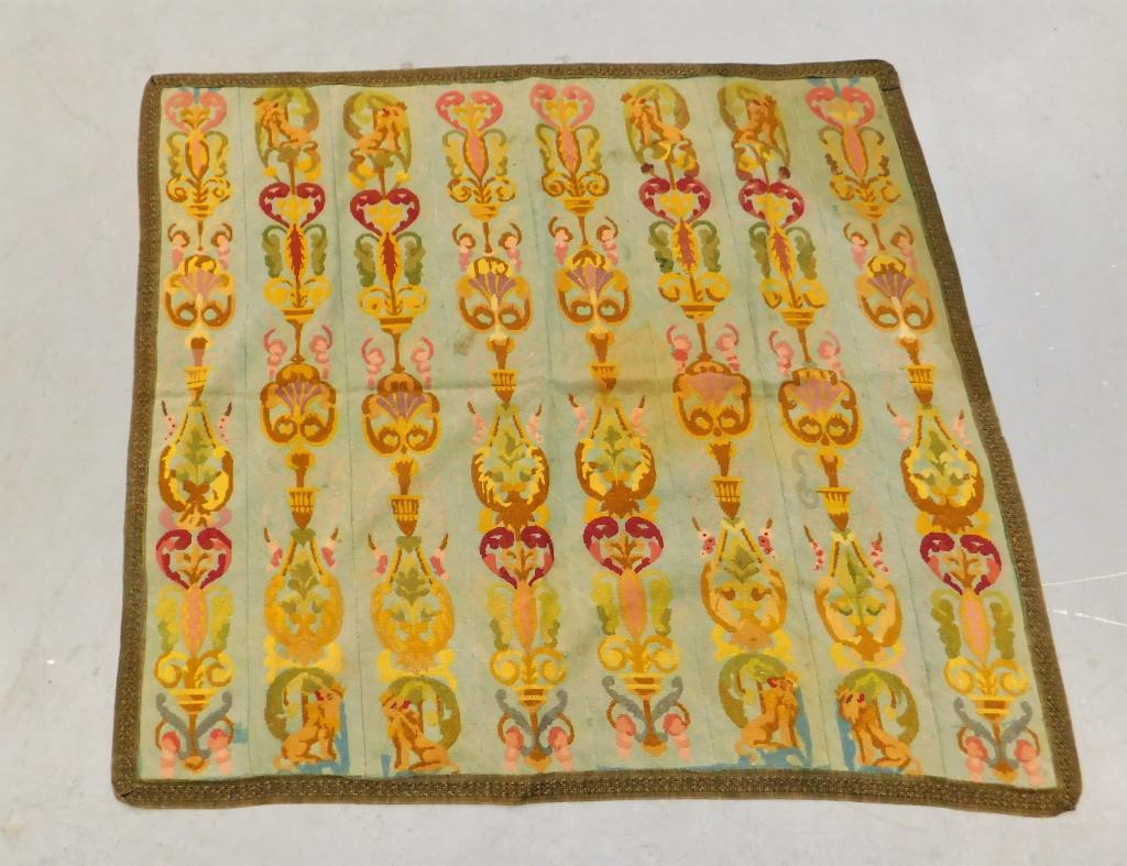 French Aubusson Pictorial Tapestry: ,France,19th Century Urn, tendril, and crowned lion motifs over light blue field with geometric border. Wool,4' 7" x 4' 11", From the collection of a Bristol, Rhode Island gentleman.