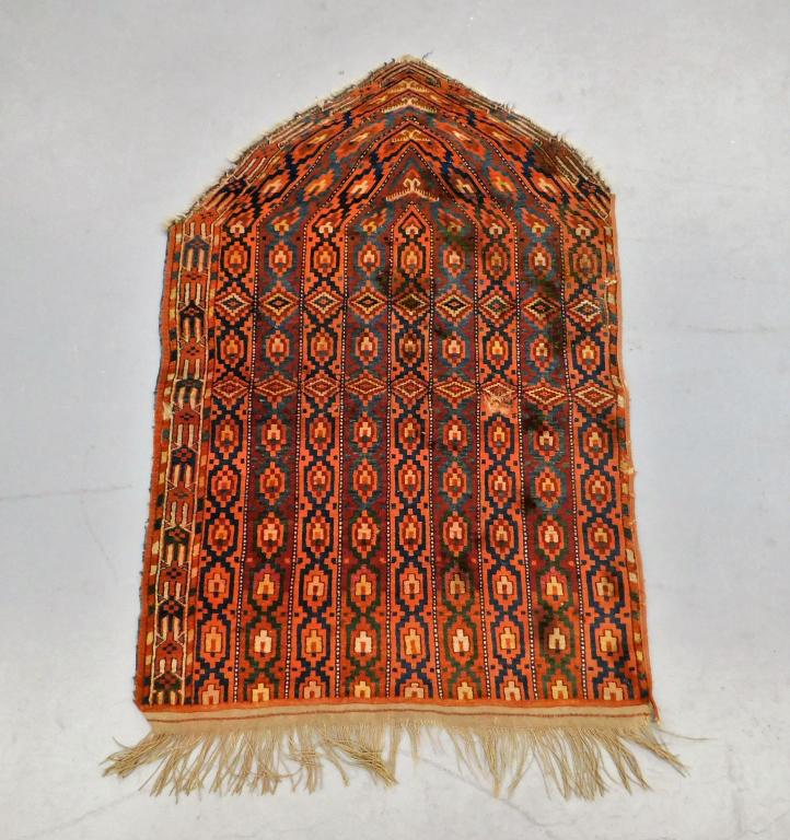 Unusual Red Geometric Turkmen Rug: ,Turkey,20th Century Repeating red, navy, blue, and ivory geometric banded pattern. Camel hair,54" x 36", From the collection of a Cambridge, Massachusetts gentleman.