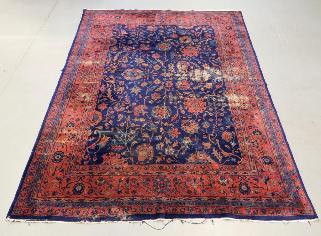 Antique Turkish Room Size Rug: ,Turkey,Circa 1920 Red and cream tendril field over navy field surrounded by red and navy botanical borders. Wool,12' 3" x 9', From the collection of a Providence, Rhode Island gentleman.
