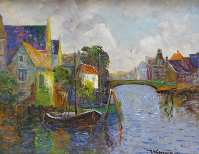 Dutch Impressionist Dock Painting: Netherlands,20th Century Depicts a bridge covered river lined by buildings with two small boats at dock. Oil on canvas,Canvas 15" x 19".Frame 18 3/4" x 22 5/8" Signed illegibly lower right corner,