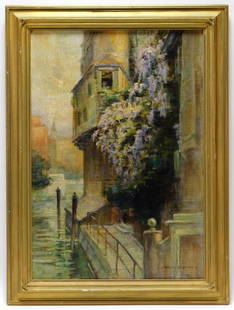 Walter Francis Brown Impressionist Painting: Walter Francis Brown Rhode Island, Italy,1853-1929 Depicts a Venetian waterway beside a tall building with cascading foliage down the side. Brown studied at Brown University and l'Ecole des Beaux