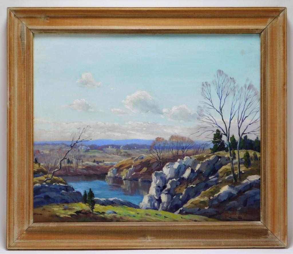C. Gordon Harris Mountainous Landscape Painting: Charles Gordon Harris Rhode Island,1891-1963 Impressionist view of a lake surrounded by bare trees and and rocky cliffs with a town in the distance. Oil on board,Board 20" x 24".Frame 25" x 29 1/8" Si