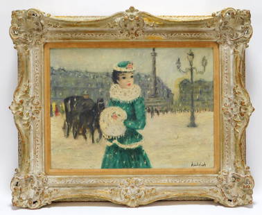 Huldah Cherry Jeffe Winter Impressionist Painting: Huldah Cherry Jeffe Florida,1901-2001 Depicts a young woman dressed in green and fur standing on a busy street covered in snow. Oil on canvas,Canvas 12" x 16".Frame 17 1/2" x 21 1/2" Signed "Huldah"