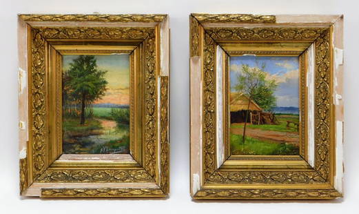 2PC Antoon Van Leemputten Landscape Paintings: Antoon Van Leemputten Netherlands,1875-1906 Includes two impressionist works, one depicting a stream glistening with light from the rising sun and one depicting an aging barn with thatched roof. Oil