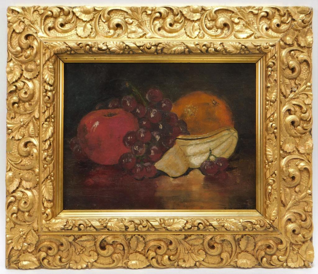 George Whitaker Still Life Fruit Painting: George William Whitaker Rhode Island, New York, Massachusetts,1841-1916 Depicts an arrangement of an apple, red grapes, an orange, and peeled banana on a table top with reflection. Oil on paper on can