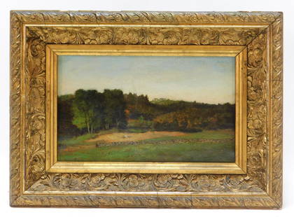 George William Whitaker Landscape Painting: George William Whitaker Rhode Island, New York, Massachusetts,1841-1916 Impressionist depiction of an open field, forest and distant buildings. Oil on canvas,Canvas 6" x 10".Frame 9 3/4" x 13 1/2"